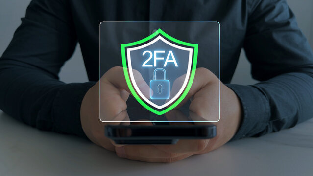 Secure 2FA authentication concept with verification, password protection and cybersecurity technology. Safe digital login access for online accounts, privacy and data security.