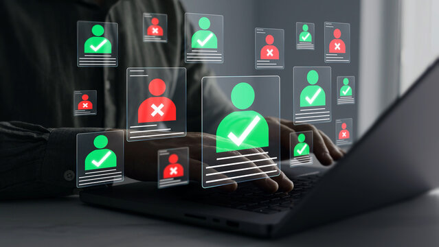 Digital documents with check marks verified staff records and online HR management. Employee approval process management.	
