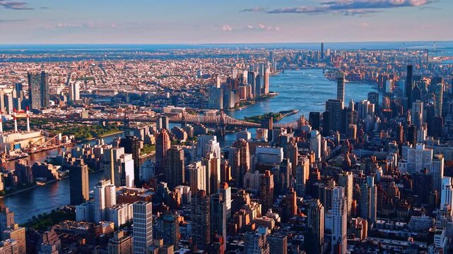 East River bridges and Brooklyn seen from above Midtown Manhattan. Aerial footage with warm sunlight on towers, river crossing and borough sprawl under clear sky.