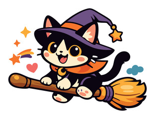 Naklejka premium Adorable stylized black cat kitten dressed as a witch, flying on a broom through the air with stars and a heart
