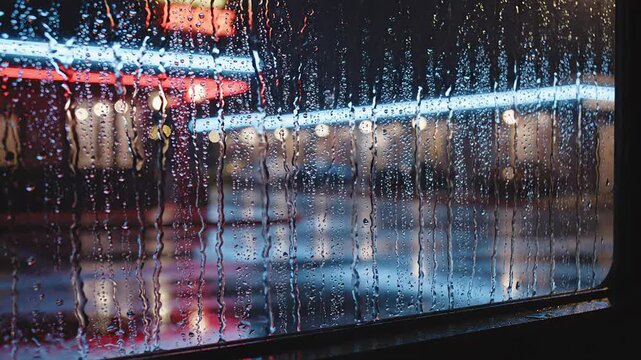 Raindrops sliding down a glass window at night, illuminated by soft bokeh neon city lights, creating a moody and atmospheric rainy scene.