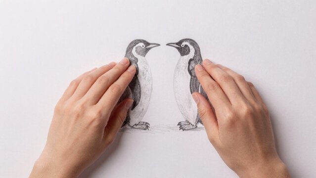 Pair hands touching drawing penguins black white light skinned background plain facing each other beaks slight