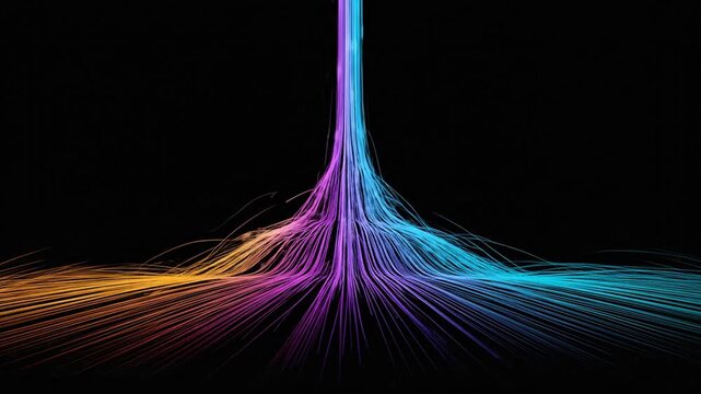 Colorful fiber optic energy cables bundle in dark space.