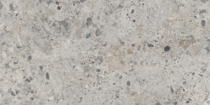 Terrazzo stone texture with grey marble chips, polished concrete surface background, architectural mineral floor material for interior design