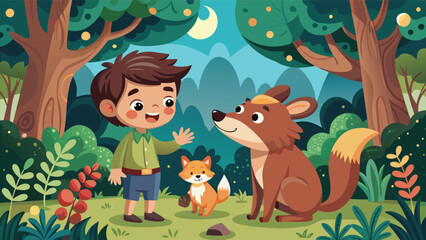 Fototapeta premium In a serene forest, a boy interacts with a curious fox, both surrounded by tall trees and natural greenery
