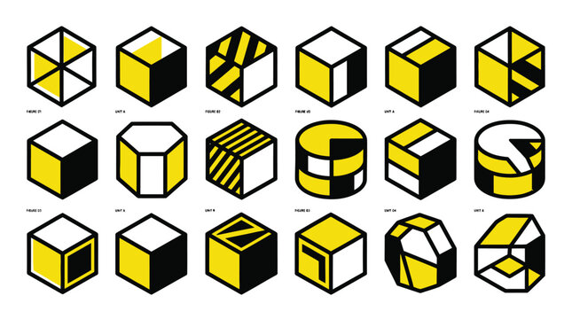 Geometric shape collection featuring isometric cubes and abstract yellow black patterns on a clean white background