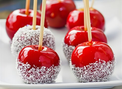Candied red apples with shredded coconut

