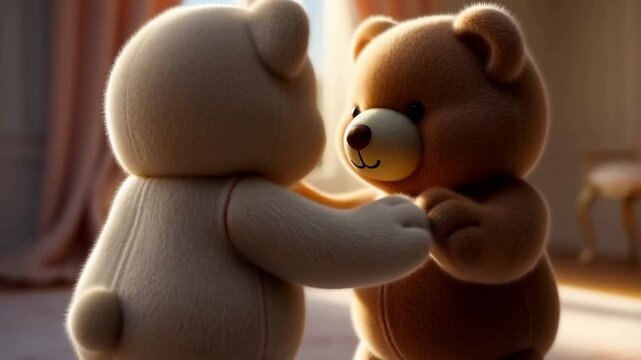 Two cute 3d teddy bears dancing romantically in a bright sunlit room slow motion clip