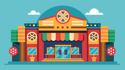 Obraz premium A colorful illustration depicting a movie theater with a prominent marquee and inviting entrance