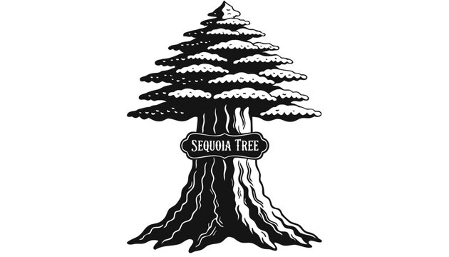 Very beautiful black-and-white engraved vector illustration featuring SEQUOIA TREE with a monumental trunk, towering form, and a decorative botanical label reading "SEQUOIA TREE", isolated on white ba