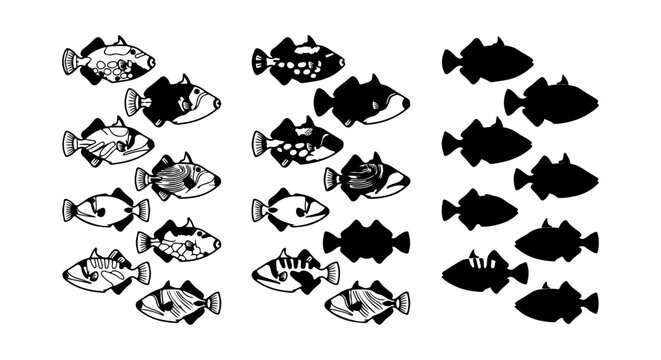 Vector Set of Triggerfish Illustrations, Black and White Marine Life Icons, Underwater Animal Silhouettes