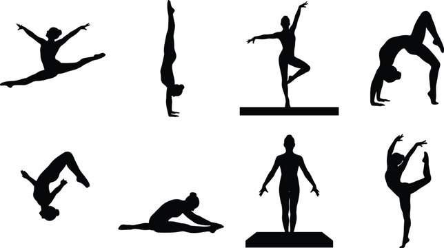 Artistic gymnastics silhouettes set showing female athletes performing splits handstands backbends and various acrobatics poses