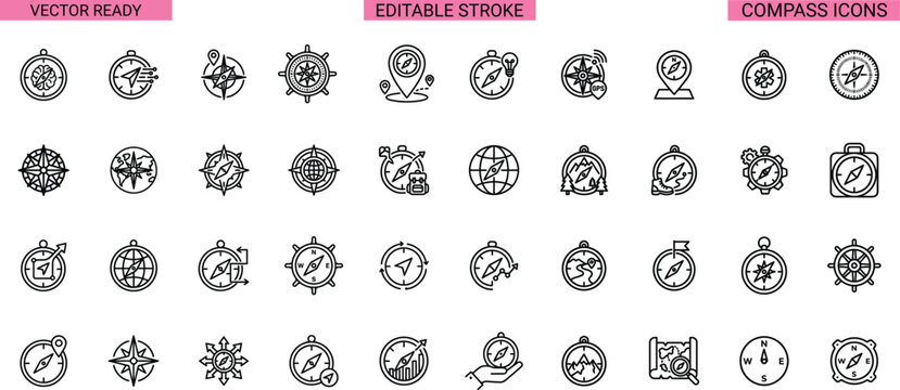 Compass Navigation Line Icons Collection
