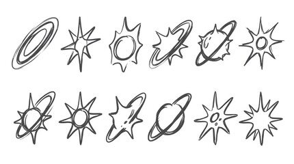 Fototapeta premium Hand drawn planets and stars in space isolated on transparent background