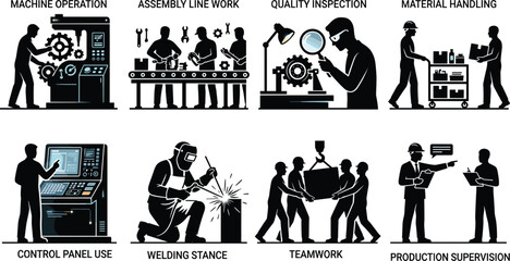 Obraz premium Industrial manufacturing and factory worker silhouettes icon set representing assembly line production, quality control, welding, and material handling workflows.