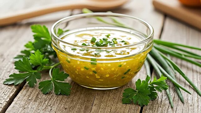 A glass bowl of herbal sauce or dressing, garnished with chives and parsley.