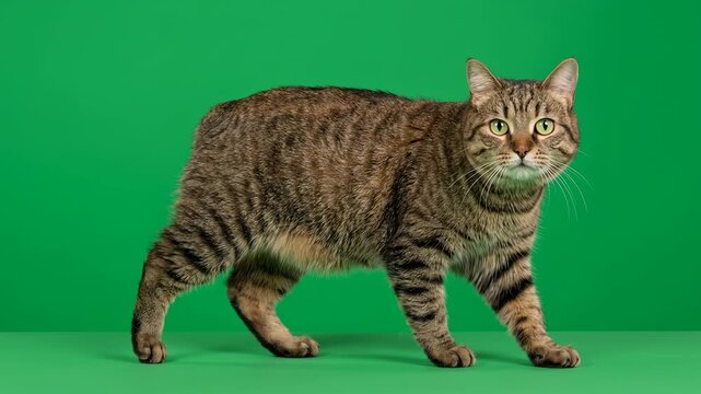 Manx Cat Walking and Looking at Camera on Green Screen Side View Studio Shot, Pet Content for Educational and Commercial Use