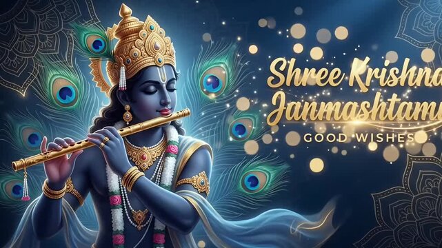 Shree Krishna Janmashtami greeting animation with flute peacock feathers and devotional wishes background
