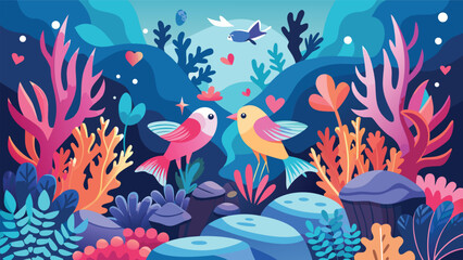 Fototapeta premium Two birds perched on a rock, surrounded by lush plants and water, creating a serene natural scene