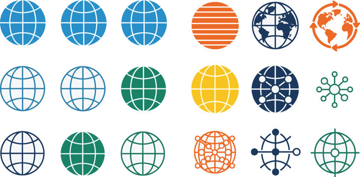 Vector illustration set of globe grid icons and global network symbols isolated on white background for business technology