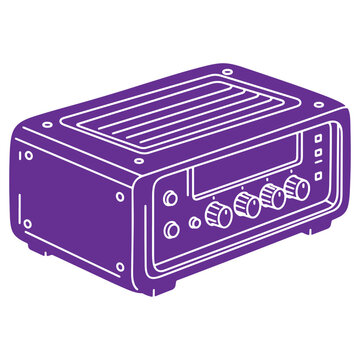Purple electronic device with knobs and buttons on front panel and vents on top surface isolated on transparent background