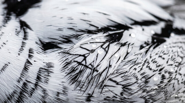 Extreme macro photograph of Smew duck feathers featuring delicate black and white plumage patterns covered with sparkling water droplets.

