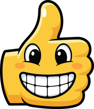 Thumbs up emoji icon character featuring a big bright toothy smile representing positive feedback approval success happiness and cheerful agreement