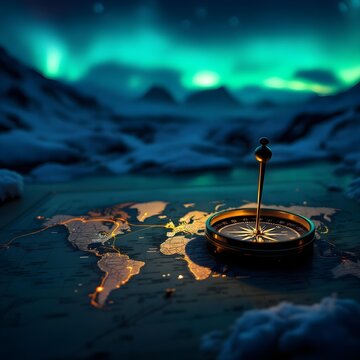 Magnetic compass and location marking with a pin on routes on the world map. Adventure, discovery, navigation, communication, logistics, geography, transport, and travel theme concept background