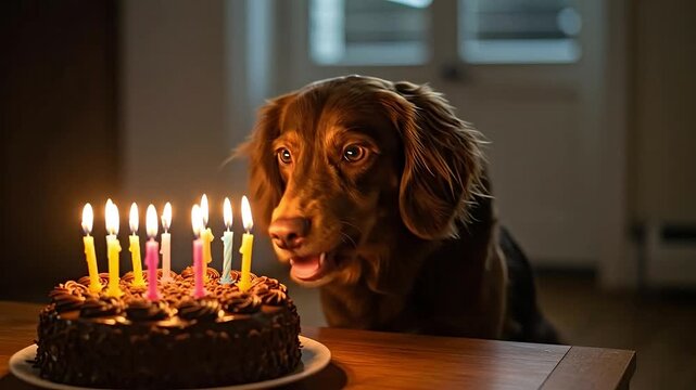 A dog looks at a birthday cake with lit candles.