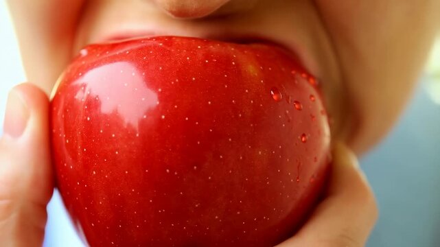 Closeup journey of taking a crisp bite from a juicy red apple