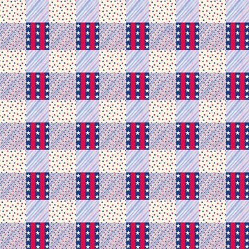 Seamless patriotic patchwork quilt pattern combining red, white and blue stars, stripes and soft textured blocks. Vintage‑style Americana design, ideal for 4th of July, Independence Day, textiles. 