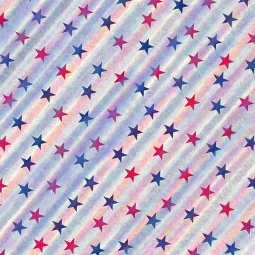 Seamless patriotic pattern featuring red and blue stars scattered over soft diagonal stripes in faded red, white and blue tones. Vintage textured design, perfect for Independence Day, USA holidays. 