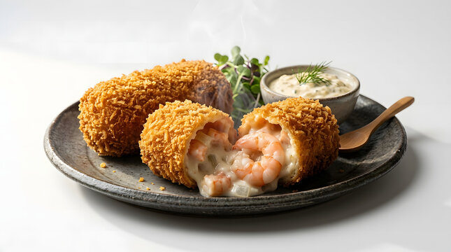 Gourmet ebi kroket cut open on a dark ceramic plate revealing a creamy steaming shrimp bechamel filling, served with tartar dipping sauce and microgreens garnish.