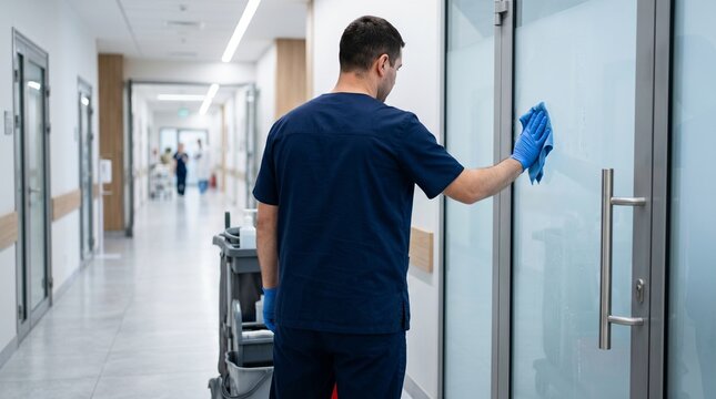  Rear view of male hospital janitor wiping glass door in a modern clinic corridor. Healthcare cleaning service concept
