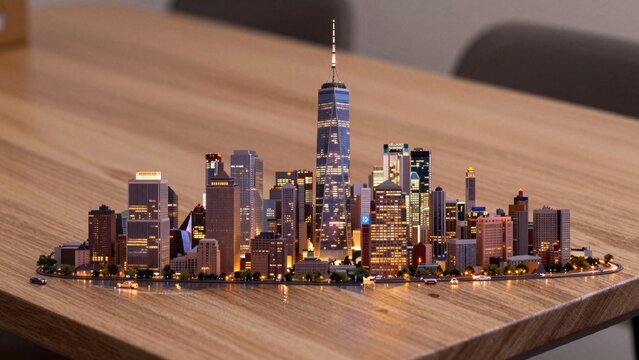 Model city sits table made wood light brown color lit there tall buildings lights cars road trees windows mode