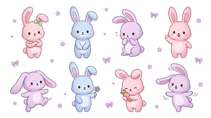 Obraz premium Cute cartoon rabbits in various poses isolated on transparent background