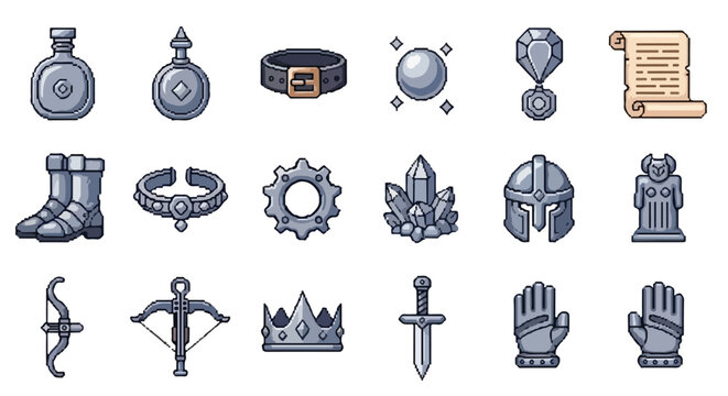 A set of eighteen fantasy game icons featuring silver equipment like weapons, armor, potions, and magical items for RPG UI design.