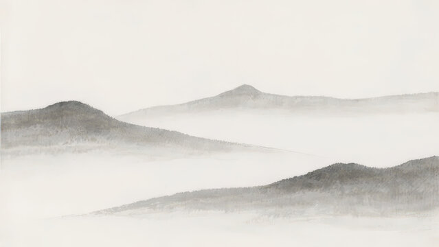 Multi-layer pale ink wash depicts rolling distant mountains with misty blank space, minimalist serene oriental ink landscape art material.