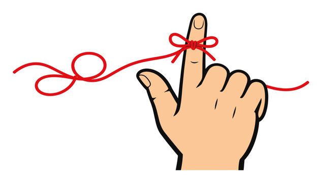 Hand having a red string tied around an index finger symbolizing a reminder, attention, and not forgetting