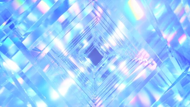 Tracking shot through crystalline prism tunnel with glass facets moving forward in luminous abstract studio interior