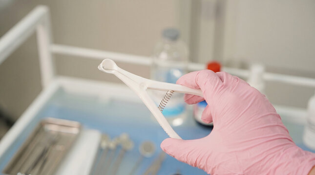 ENT doctor hand in pink glove holding white plastic nasal speculum for nose examination close up