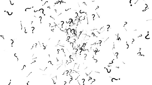Abstract Camera moving through question marks on the alpha channel. Question marks flying animated concept. Question mark concept animation with spawning effect. 