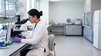 Fototapeta premium Female Scientist in Lab Coat Using Microscope for Research in Modern Laboratory Environment