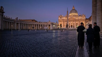 Obraz premium Clergy walking across a grand plaza toward a glowing dome at night