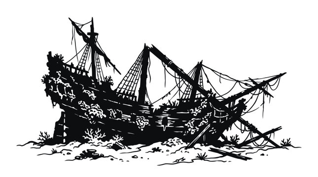 Vintage shipwreck silhouette vector, sunken pirate ship on ocean floor, abandoned wooden galleon wreck with broken masts and coral