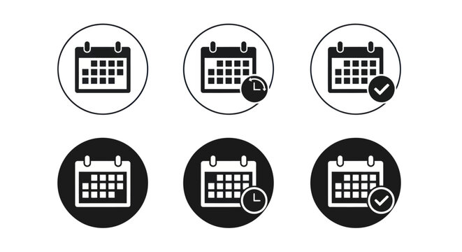 Calendar icons with clocks and checkmarks in circles are displayed.