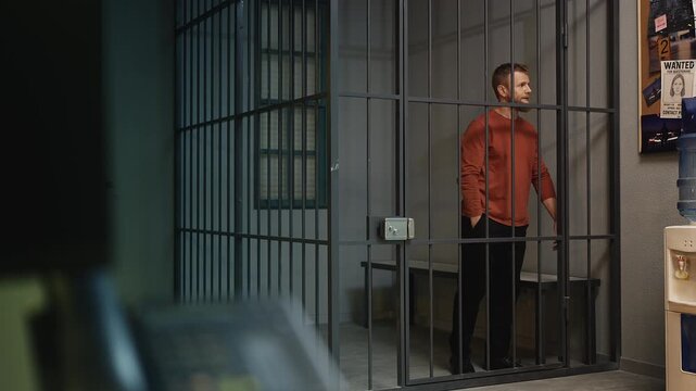 Confused detained young man pacing inside a jail cell, waiting for release