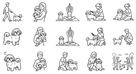 Fototapeta premium Minimalist shih tzu vector line art outline bundle showing happy owners doing yoga walking grooming and cuddling dogs for pet lifestyle illustrations