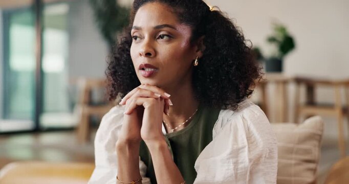 Worry, thinking and woman in home with stress, financial pressure or thoughts for bankruptcy crisis. Sad, pensive and person with anxiety in living room for debt, difficult decision and concern