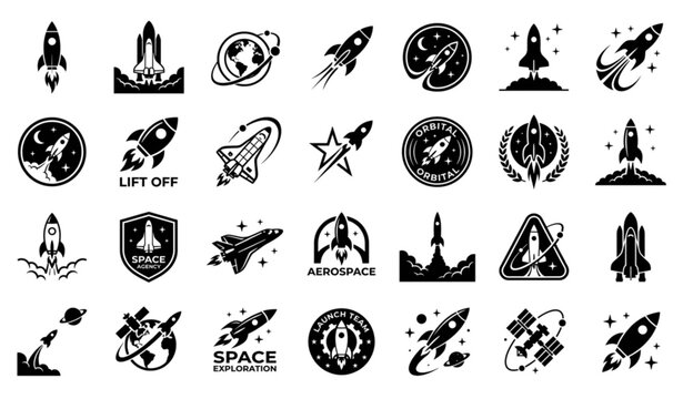 Rocket Ship Logo Collection with Space Shuttle Launch Silhouettes Stars and Circular Badge Designs